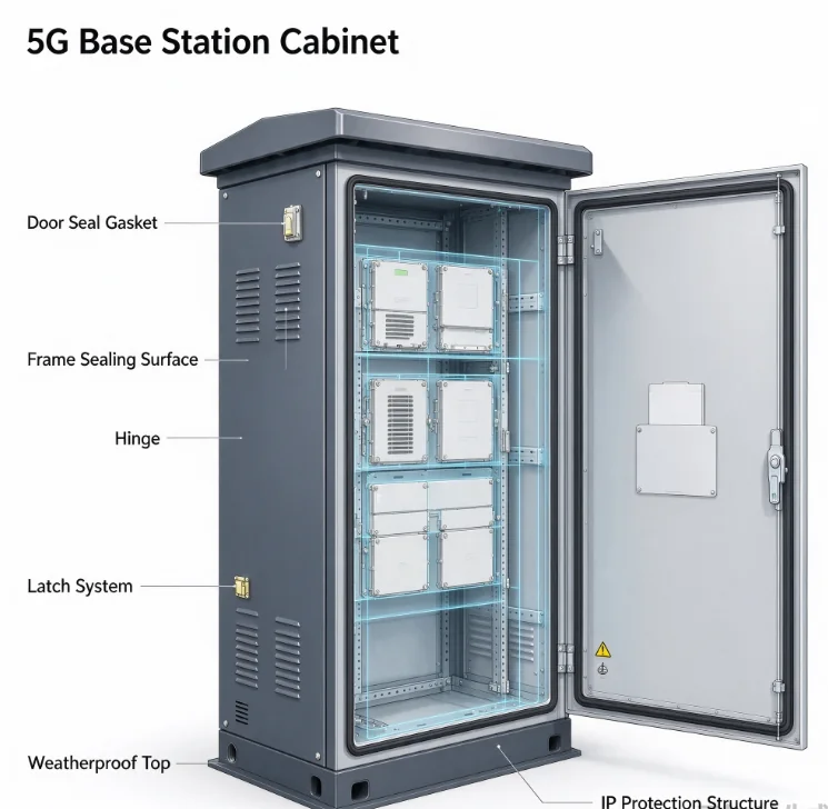 5G base station cabinet showing the door seal gasket, frame sealing surface, hinges and latch system