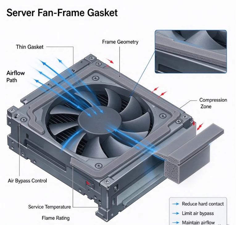 Server fan-frame gasket diagram showing the thin gasket, airflow path, compression zone and air bypass control