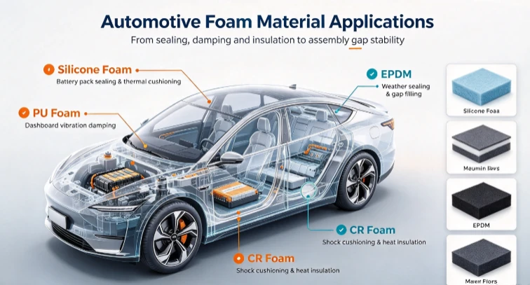 Automotive foam material applications for sealing, vibration damping, cushioning and insulation