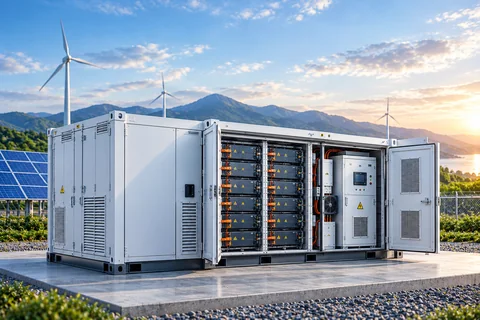 Containerized battery energy storage system with open cabinets beside solar panels and wind turbines