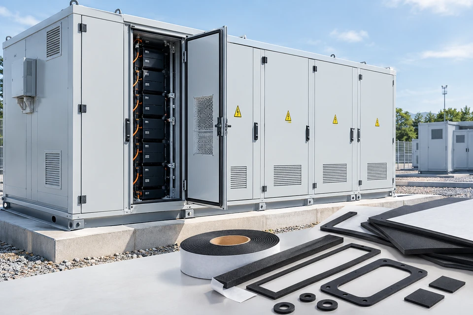 Battery energy storage cabinet with foam strips and die-cut sealing gaskets