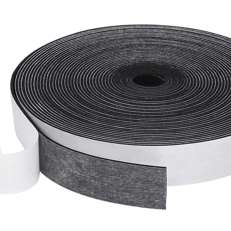 Black adhesive-backed foam roll with release liner for industrial cushioning