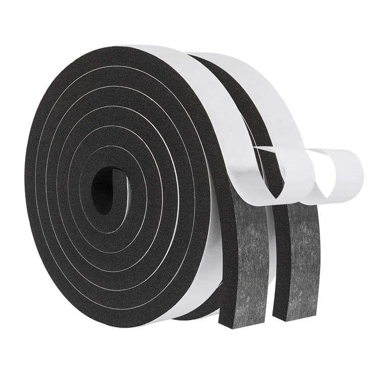 Black adhesive-backed foam sealing strips in a roll with release liner