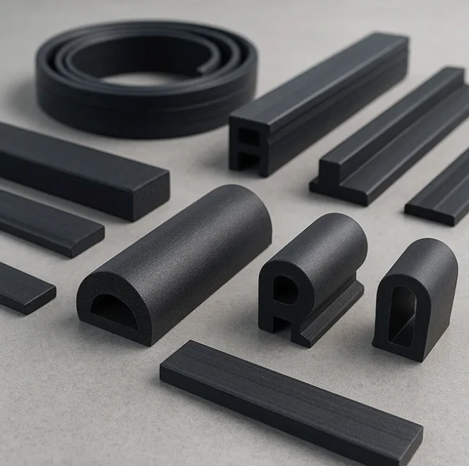Black EPDM sealing profiles in multiple cross-sectional shapes