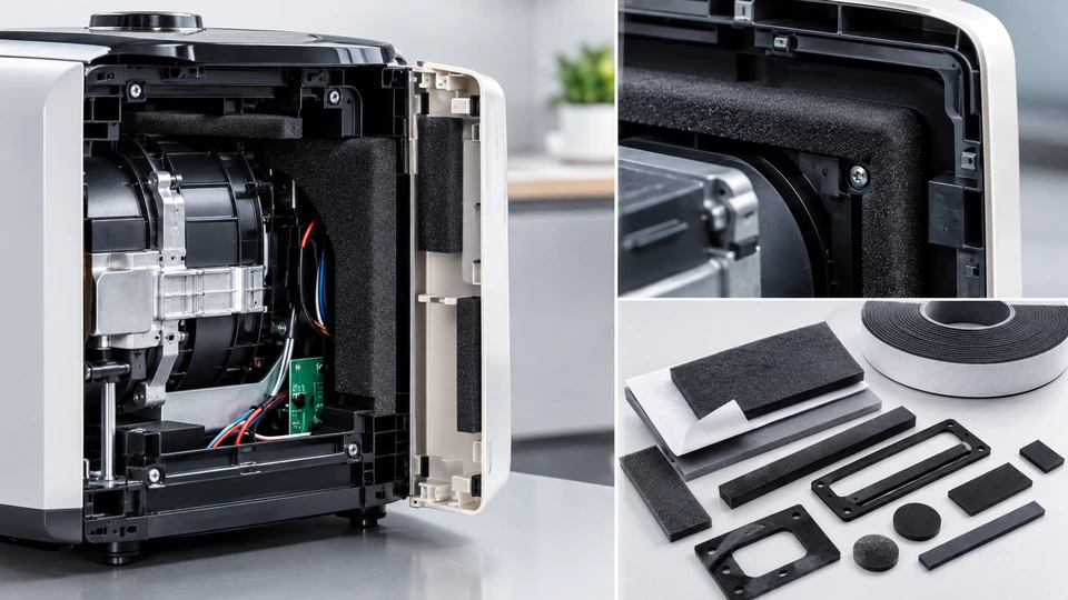 Foam cushioning and sealing components fitted inside a home appliance