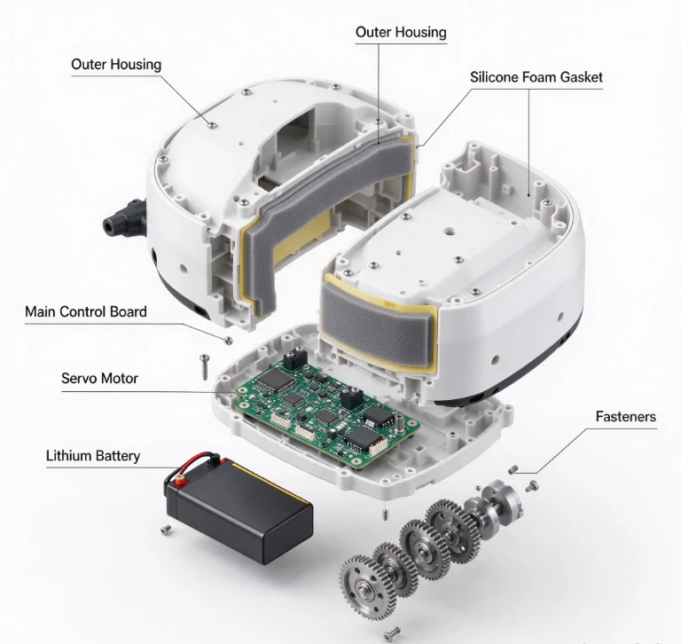 Exploded equipment assembly showing silicone foam gaskets around the outer housing, a control board, servo motor and lithium battery