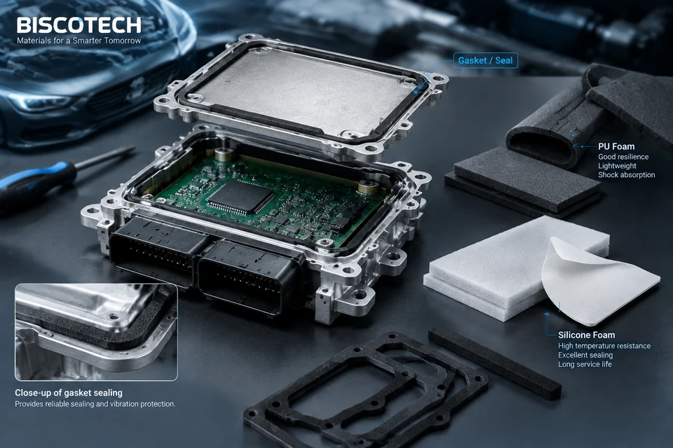 Vehicle electronics housing with a foam sealing gasket, PU foam and silicone foam materials, and custom die-cut gaskets