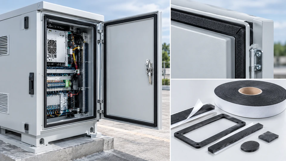 Outdoor electrical cabinet with foam perimeter seals, adhesive-backed strips and die-cut gaskets